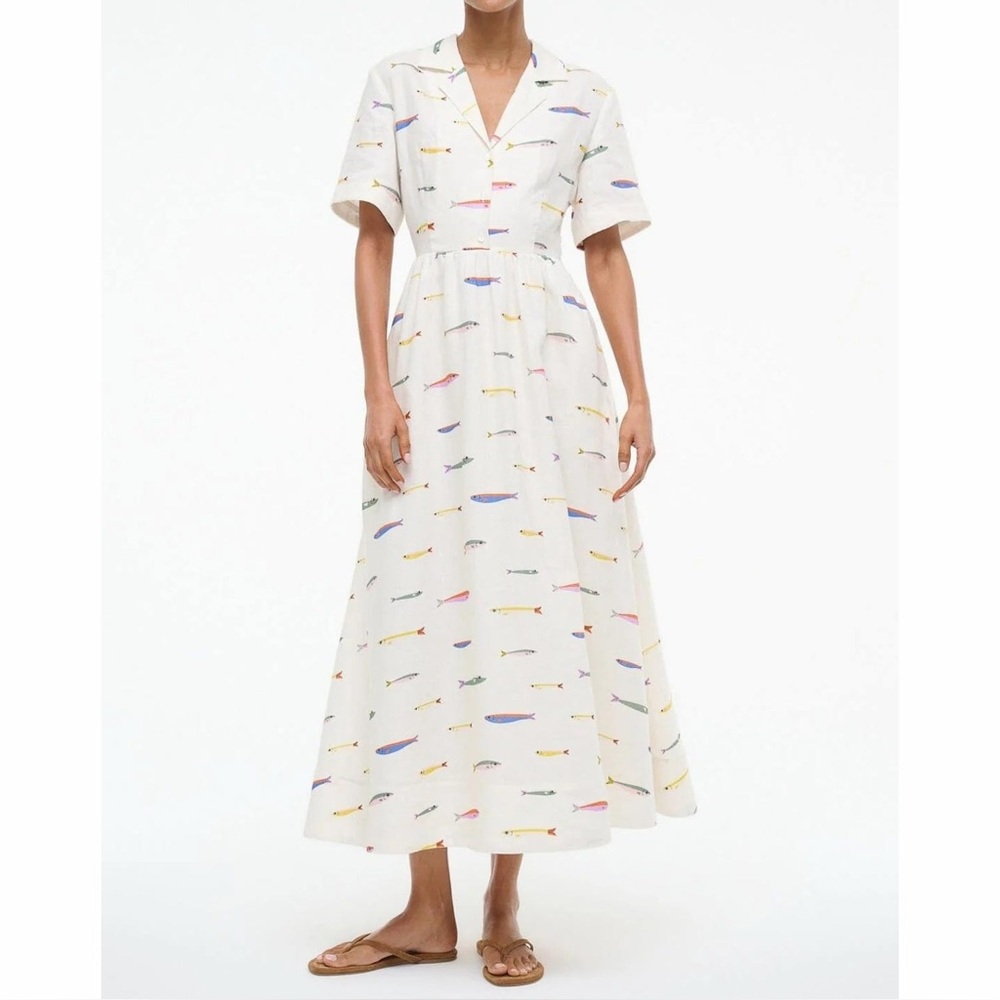 Staud Meryl Linen Midi Shirt Dress Ivory White Fish Colorful Pop Sardine 8